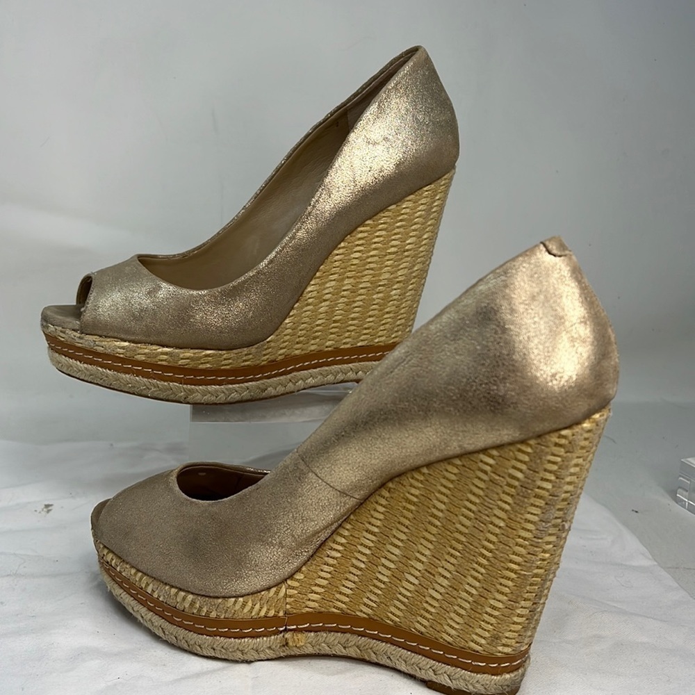Saks Fifth Avenue “Grace” Sz 9.5 Gold Suede High Heel Wedge Open Toe Shoes